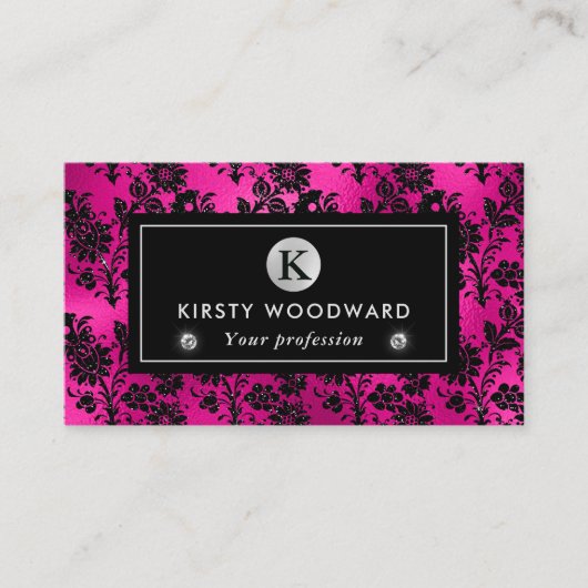 黒とピンクのグリッター花グラムパターン 名刺 (正面)