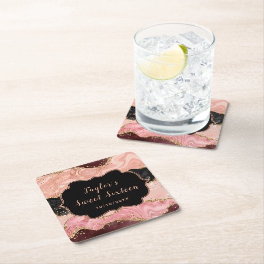 黒とピンクのシークインズアゲートSweet sixteen スクエアペーパーコースター (インサイチュ)