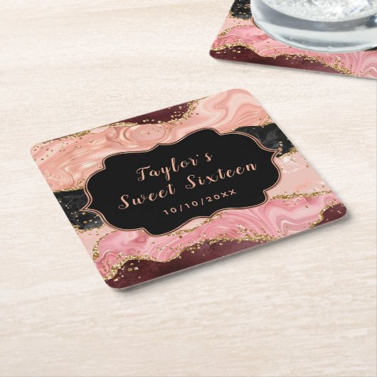 黒とピンクのシークインズアゲートSweet sixteen スクエアペーパーコースター (アングル)