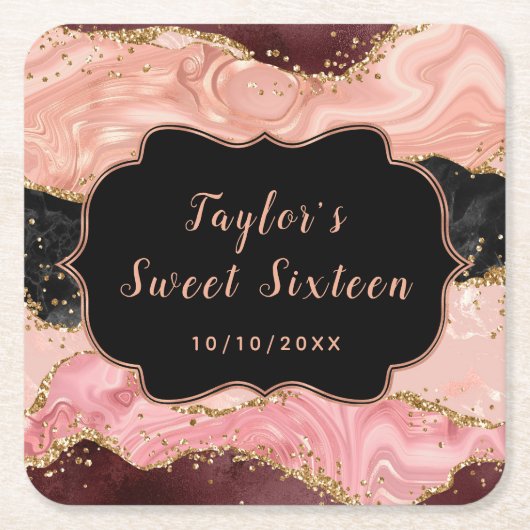 黒とピンクのシークインズアゲートSweet sixteen スクエアペーパーコースター (正面)