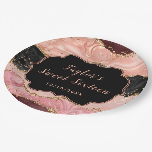 黒とピンクのシークインズアゲートSweet sixteen ペーパープレート (アングル)