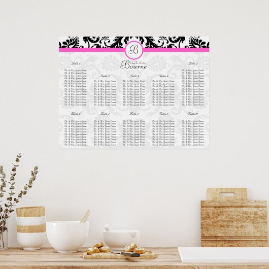 黒とピンクのダマスクのシーティンググラフテーブル番号 ポスター (キッチン)
