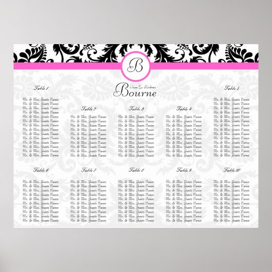 黒とピンクのダマスクのシーティンググラフテーブル番号 ポスター (正面)