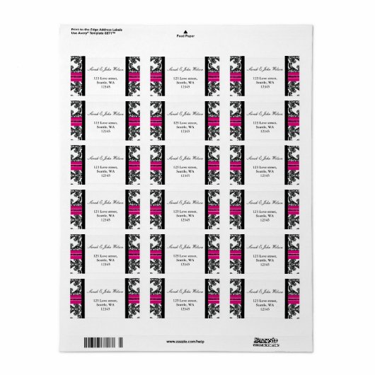 黒とピンクのダマスクの結婚式 ラベル (フルシート)