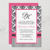 黒とピンクのダマスクストライプの招待状とドット 招待状 (正面/裏面)