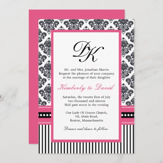 黒とピンクのダマスクストライプの招待状とドット 招待状 (正面/裏面)