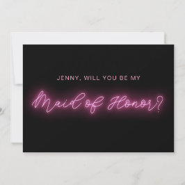 黒とピンクのネオングローライトメイド・オブ・オーナー(花嫁付き添い人)カード 招待状