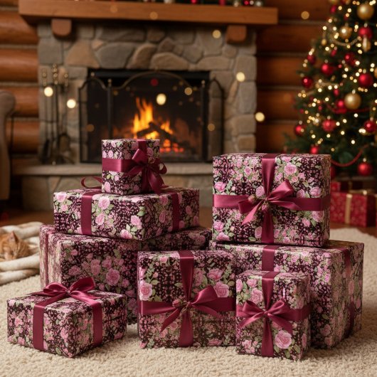 黒とピンクのバラ ラッピングペーパー