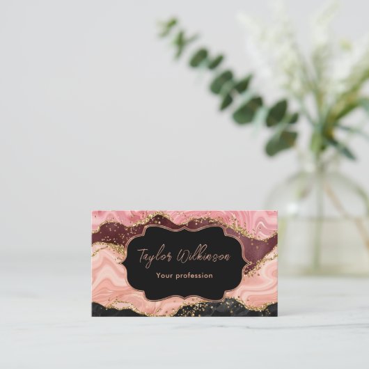 黒とピンクのフェイクグリッターシーケンズアゲート 名刺 (スタンド正面)