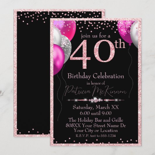 黒とピンクのラメバルーン 40歳の誕生日 招待状 (正面/裏面)