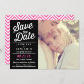 黒とピンクのレトロのスクリプトフォトカードを保存 セーブザデート (正面/裏面)