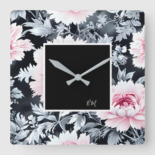 黒とピンクのヴィンテージ美しい庭の花 スクエア壁時計 (正面)