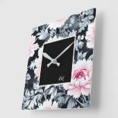 黒とピンクのヴィンテージ美しい庭の花 スクエア壁時計 (傾斜)