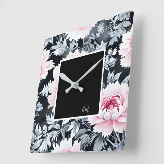 黒とピンクのヴィンテージ美しい庭の花 スクエア壁時計 (傾斜)