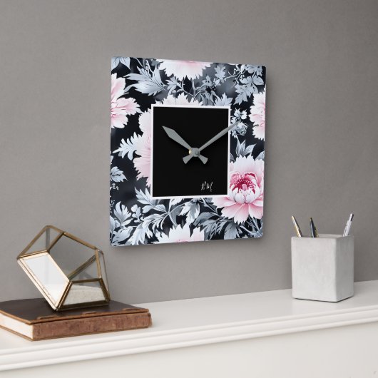 黒とピンクのヴィンテージ美しい庭の花 スクエア壁時計 (オフィス)