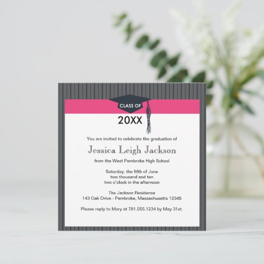黒とピンクの卒業帽の招待状 招待状 (スタンド正面)