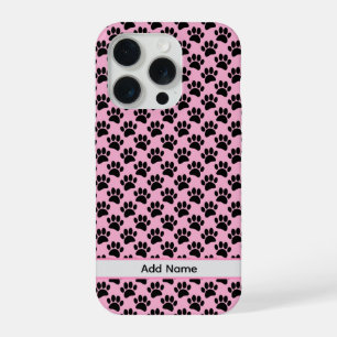 黒とピンクの小さな犬の足あと カスタムネーム入り iPhone 15 PROケース