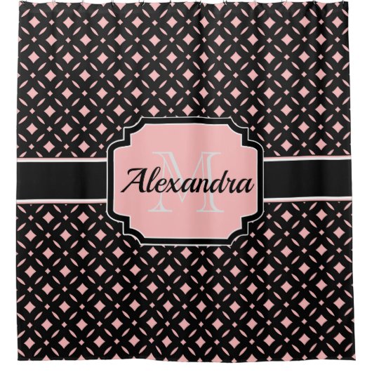 黒とピンクの幾何学的パターン シャワーカーテン (正面)