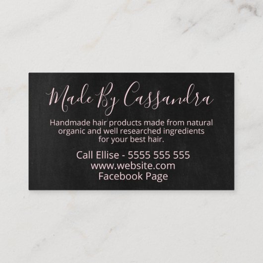 黒とピンクの手作り天然毛髪製品 名刺 (裏面)
