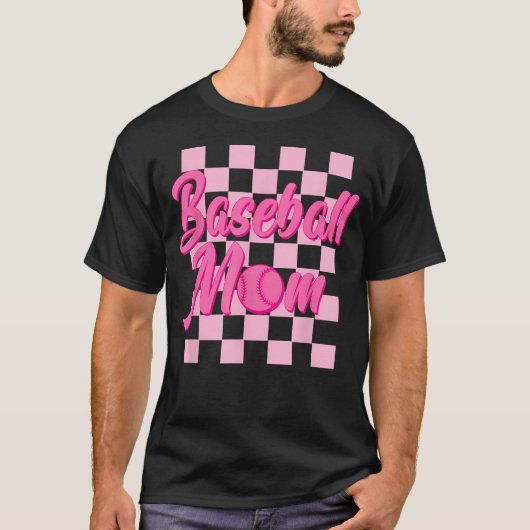 黒とピンクの格子スポーツママ Tシャツ (正面)