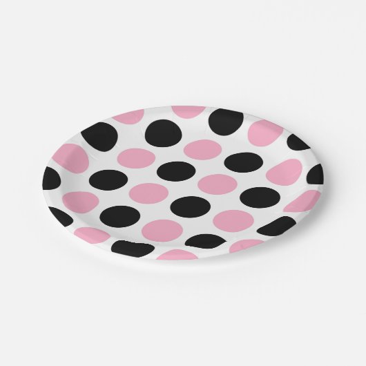 黒とピンクの水玉模様 ペーパープレート (アングル)