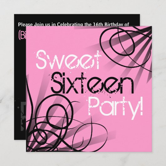 黒とピンクの渦巻きスイート16誕生日のカスタマイズ 招待状 (正面/裏面)