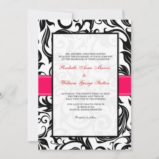 黒とピンクの渦巻き結婚式招待状 招待状 (正面)