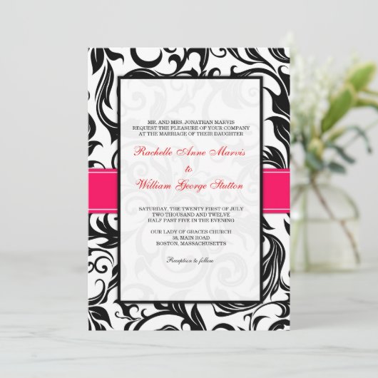 黒とピンクの渦巻き結婚式招待状 招待状 (スタンド正面)