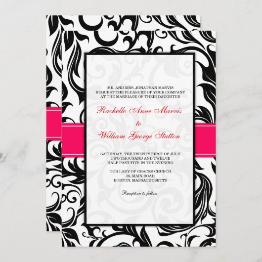 黒とピンクの渦巻き結婚式招待状 招待状 (正面/裏面)