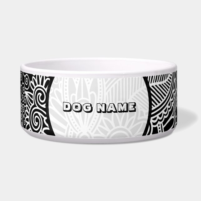 黒とピンクの素晴らし線の網掛けパターン – モノグラーム ボウル (正面)