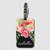 黒とピンクの絵を描水色の花モノグラム ラゲッジタグ (正面縦)