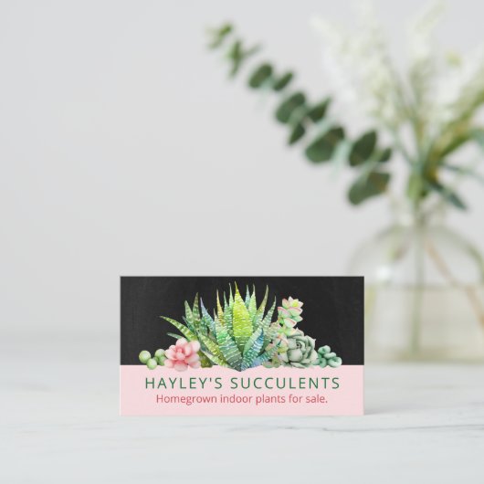 黒とピンクの自家栽培の多肉植物 名刺 (スタンド正面)