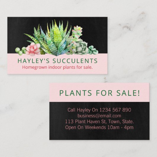 黒とピンクの自家栽培の多肉植物 名刺 (正面/裏面)