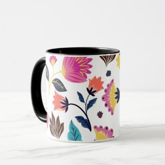 黒とピンクの花と葉のコーヒーマグ マグカップ