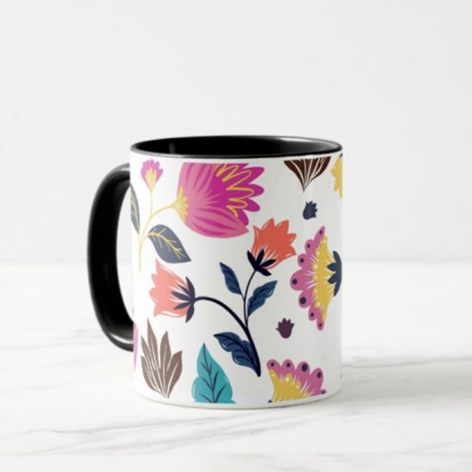黒とピンクの花と葉のコーヒーマグ マグカップ