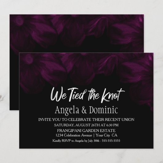 黒とピンクの花のレセプションで結婚の約束を果たす 招待状 (正面/裏面)