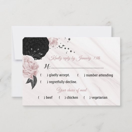黒とピンクの花の大理石料理の選択肢 出欠カード (正面)