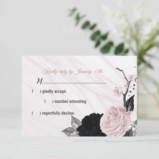 黒とピンクの花大理石 出欠カード (スタンド正面)