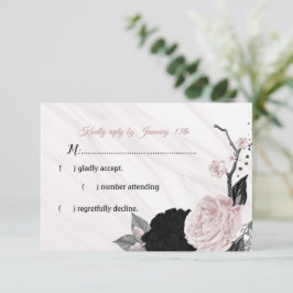 黒とピンクの花大理石 出欠カード