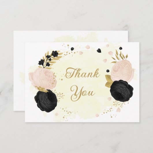 黒とピンクの花金ゴールド結婚植物体感謝してい サンキューカード (正面/裏面)