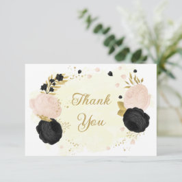 黒とピンクの花金ゴールド結婚植物体感謝してい サンキューカード