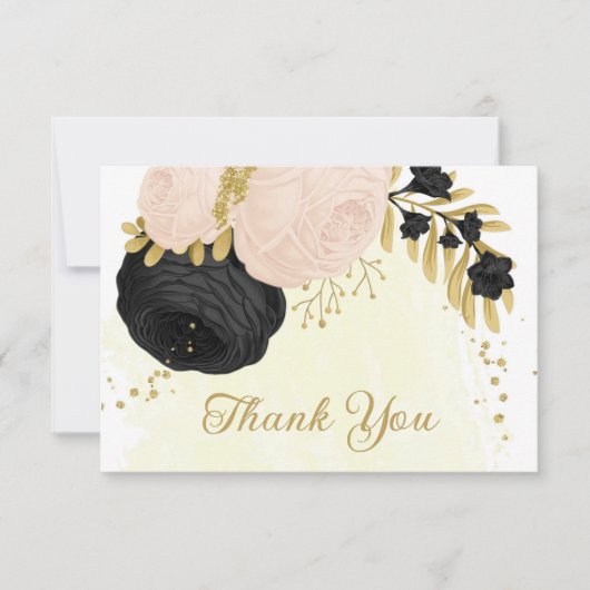 黒とピンクの花金ゴールド結婚植物 サンキューカード (正面)