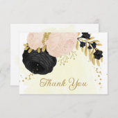 黒とピンクの花金ゴールド結婚植物 サンキューカード (正面/裏面)