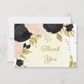 黒とピンクの花金ゴールド結婚植物 サンキューカード (正面)