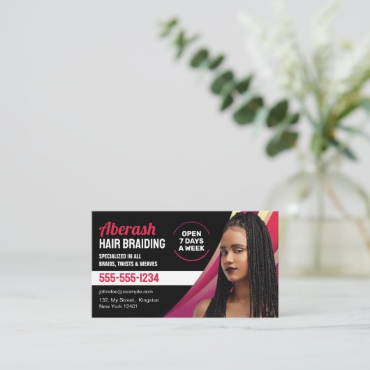 黒とピンクの髪編みサロン 写真を追加 名刺 (スタンド正面)