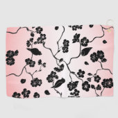 黒とピンクの鳥とさくらんぼの花 ゴルフタオル (横)
