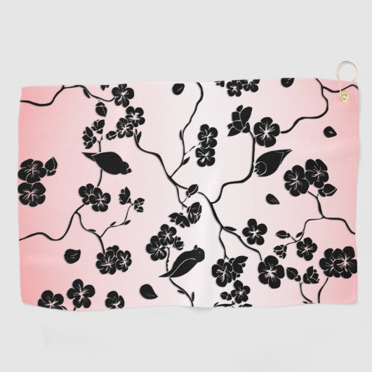 黒とピンクの鳥とさくらんぼの花 ゴルフタオル (横)