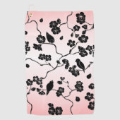 黒とピンクの鳥とさくらんぼの花 ゴルフタオル (正面)