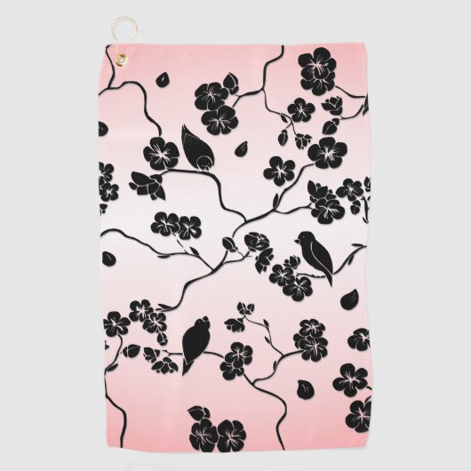 黒とピンクの鳥とさくらんぼの花 ゴルフタオル (正面)