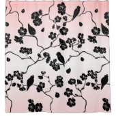 黒とピンクの鳥とさくらんぼの花  シャワーカーテン (正面)